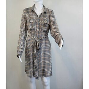Timing Womens Plaid Houndstooth Shirt Dress Long Sleeve Tie Waist Black Tan L